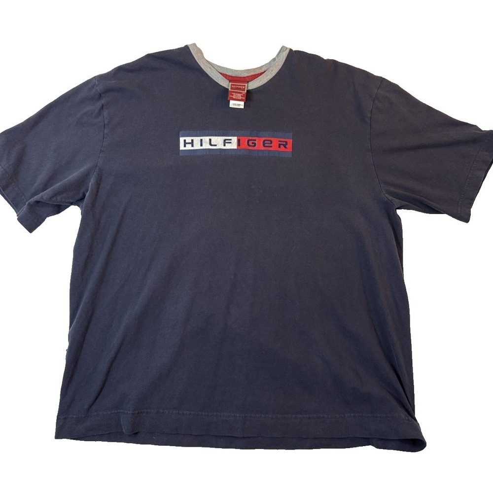 Tommy Hilfiger Y2K TShirt Mens L Vintage Navy Logo Graphic Ringer Streetwear